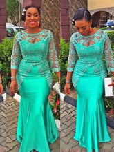 Turquoise African Mermaid Evening Dress Vintage Lace Nigeria Long Sleeves Aso Ebi Style Mother Party Gown Customized SHOWLU FASHION STORE