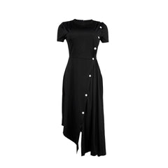 Elegant Round-Neck Button-Decorated Pleated Dress Irregular Slit Hem Commuting Dress 2025 Style for Women