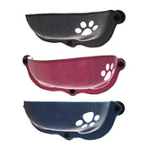 Three cat window hammocks in gray, pink, and blue, each featuring a paw-print cutout.