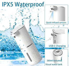 An automatic soap dispenser with a 380ml tank, infrared sensor, and USB-C charging port.