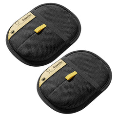 Two black oval-shaped electrostatic hair removal mitts with yellow branding labels.