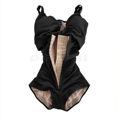 A black swimsuit-style body shaper with a front hook-and-eye closure and adjustable straps.