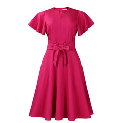 A magenta midi dress with short flutter sleeves, a V-neckline, and a tie-waist belt.