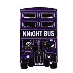 A purple enamel lapel pin shaped like the triple-decker Knight Bus from Harry Potter.