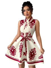 Summer New Fashion Casual Dress For Women Elegant Solid Sleeveless Turn-down Collar Lace Up Office Holiday Dresses Robe Femme