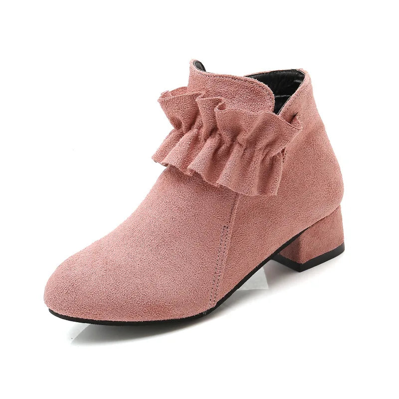 Fashion Kids Shoes Girls Princess Boots Draped Solid Autumn Winter Suede Low Heels Short Ankle Children Boots for Big Girl 27-37 SHOWLU FASHION STORE