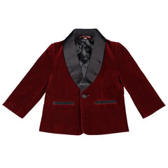 A formal burgundy velvet blazer for boys featuring a black shawl collar and a single button closure.