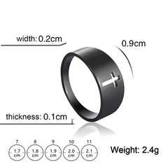 A black stainless steel ring featuring a cutout cross design with size and dimension labels.