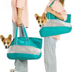 A teal canvas and mesh pet carrier bag shown being carried by hand and over the shoulder.