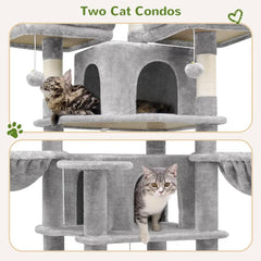 A tall grey cat tree featuring two enclosed condos, multiple perches, and hanging toy balls.