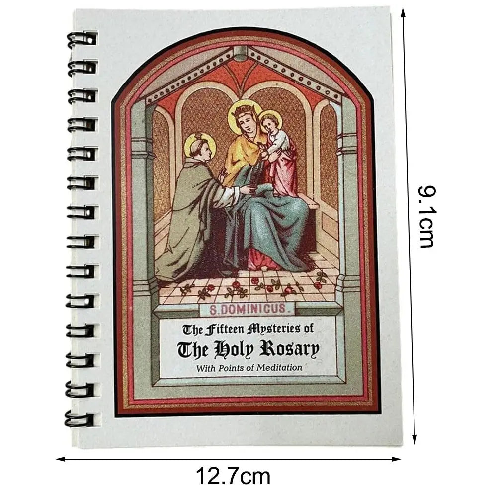 A spiral-bound prayer book titled The Fifteen Mysteries of The Holy Rosary with religious art.
