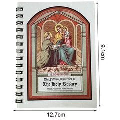 A spiral-bound prayer book titled The Fifteen Mysteries of The Holy Rosary with religious art.