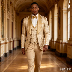 Elegant Champagne Jacquard 3-Piece Men's Tuxedo Formal Business Blazer with Shawl Lapel Wedding Groom Jacket Vest Pants Set
