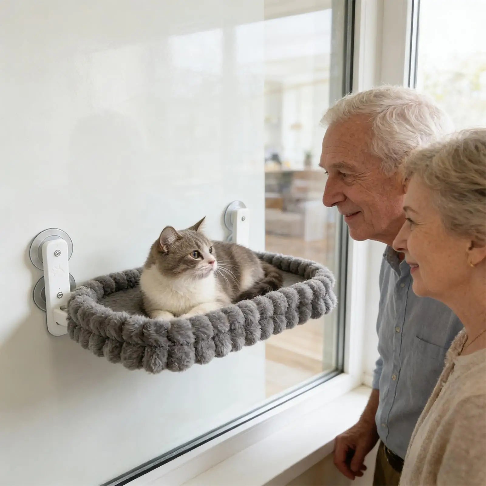 A grey plush cat hammock is mounted to a window with suction cups as an elderly couple watches.