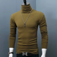 Men's Classic Autumn Winter Turtleneck T-Shirt Dark Red Stretch Casual Turtleneck Top Plus Size Long Sleeve Tee Shirts Young Men