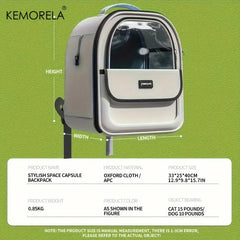 A light gray pet carrier backpack with a clear window and a front pocket on a green background.