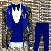 A three-piece men's suit featuring a floral jacquard blazer, a solid blue vest, and matching trousers.