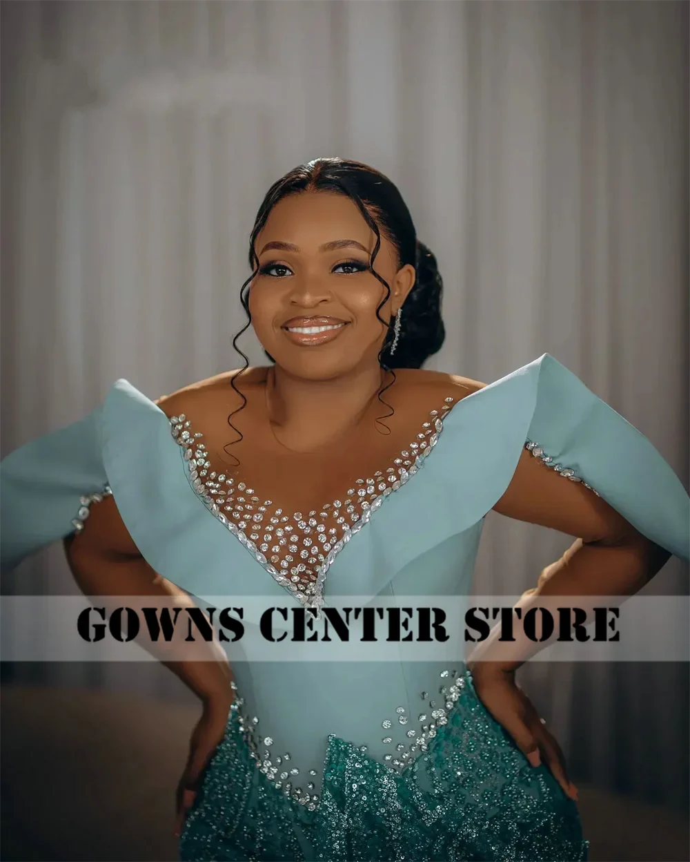 Enchanting Turquoise Beaded Aso Ebi Evening Dresses Mesh Long Sleeves African Party Dress Women Mermaid Formal Customized SHOWLU FASHION STORE