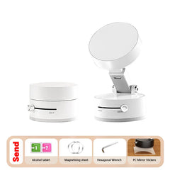 A white magnetic suction cup phone holder shown in folded and extended positions with accessories.