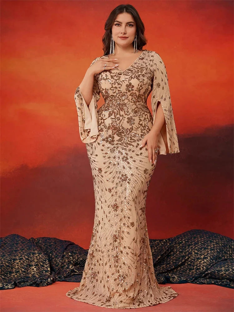 Lucyinlove Plus Size Luxury Gold Evening Dresses Women 2024 Long Sleeve Mermaid Formal Sequins Prom Wedding Party Cocktail Gowns SHOWLU FASHION STORE