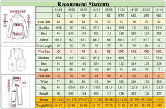 A size chart table for a men's suit including measurements for the jacket, vest, and pants.