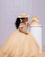 Orange Tulle Girls Birthday Party Dresses Customized Ball Gown Crystal Flower Girl Dresses for Wedding Baby Girls Pageant Dress