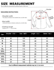 A size measurement chart for a men's long sleeve button-down shirt with a diagram and table.