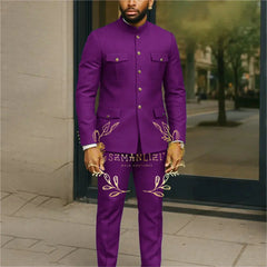 Affrica Style White Stand Collar Single Breasted Jacket Pants Business Men Suit Tuxedos Groom Wedding Suits Male Blazer Sets