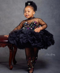 Customized Flower Girl Dresses For Wedding Black Knee Length Cute Baby Pleate Puffy Princess Birthday Party First Communion Gown
