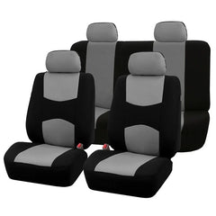 A full set of universal car seat covers in black and gray polyester fabric.