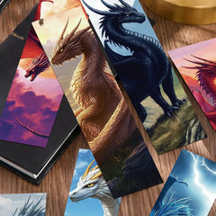 A collection of paper bookmarks featuring various colorful dragon illustrations on a wooden surface.