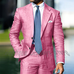 Blue Linen Single Breasted Men Suit Two Pieces(Jacket+Pants) Outfits Casual Party Prom Wedding Set