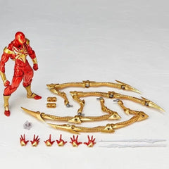 A red and gold Iron Spider action figure displayed with its mechanical arms and interchangeable hands.