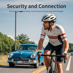 A cyclist wears black air conduction headphones while riding on a road near a blue vintage car.