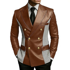 Men’s Brown Leather Blazer With Houndstooth Sides Vintage Two-Tone Double Breasted Slim Fit Gold Buttons Leather Tuxedo Jacket