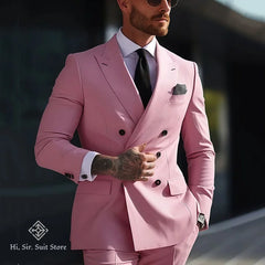 New 2 pcs Double-breasted Suit Set Men's Slim-fit Young Men Blazer Jacket Dress Suits Pants Ensemble Wedding Ball Reunion Attire