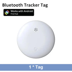 A small, round white Bluetooth tracker tag with a speaker grille and a subtle logo.