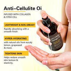 A person dispenses anti-cellulite massage oil from a dark bottle into their palm.