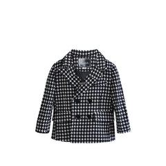 A black and white houndstooth patterned double-breasted blazer for children with a notched collar.