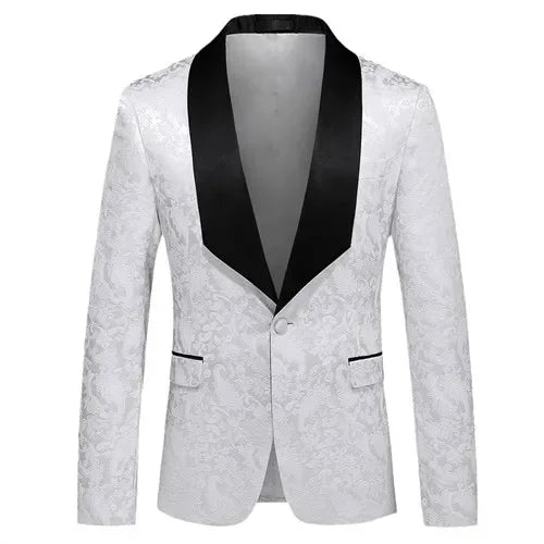 A white floral patterned suit jacket with a black shawl lapel and single button closure.