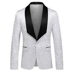 A white floral patterned suit jacket with a black shawl lapel and single button closure.