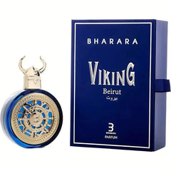 A blue circular perfume bottle with a gold viking helmet cap next to its matching blue box.