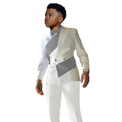 White satin boys suit set with double-breasted jacket and pants, stylish slim fit tuxedo for kids ages 2 to 16.