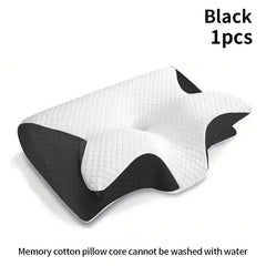 An ergonomic memory foam pillow with a white quilted top and black mesh side panels.
