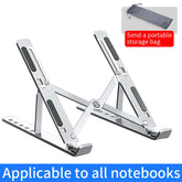 A foldable silver aluminum alloy laptop stand with adjustable height settings and a storage bag.