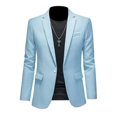 A light blue single-breasted blazer for men featuring a slim fit and a single button closure.