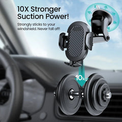 A black AUFU car phone holder with a suction cup mount shown holding a ten kilogram weight.