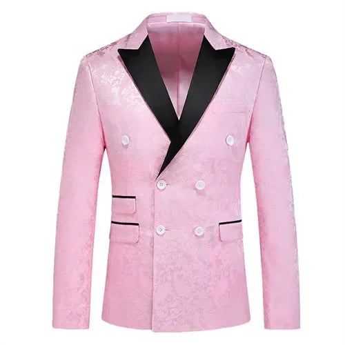 A pink double-breasted men's suit jacket with a black notched lapel and floral pattern.