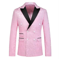A pink double-breasted men's suit jacket with a black notched lapel and floral pattern.