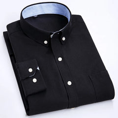 A black long-sleeve button-down shirt with a blue and white striped inner collar and cuffs.